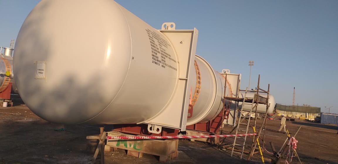 Completed horizontal LPG storage bullets at L&T Heavy Engineering in Oman