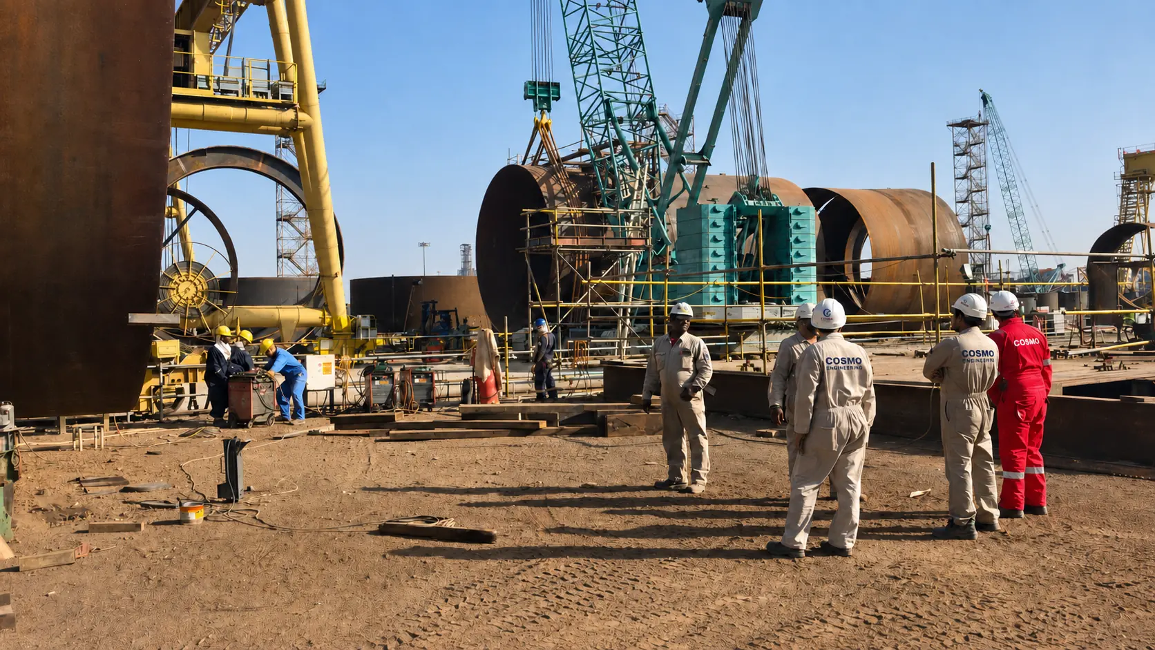 Cosmo Engineering team supporting six Samsung LPG storage bullet vessels at L&T Heavy Engineering in Sohar, Oman